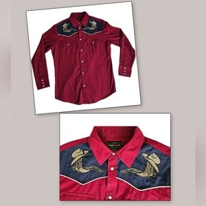 Vintage Medium Wine Red Western Shirt with Embroidered Cowboy Design Pearl Snap